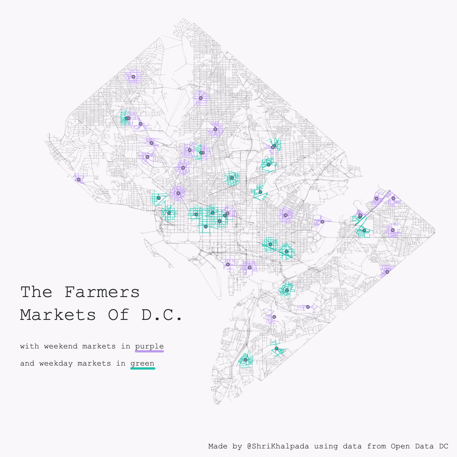A map titled "The Farmers Markets Of D.C." showing the locations of farmers' markets across Washington D.C., with weekend markets in purple and weekday markets in green.